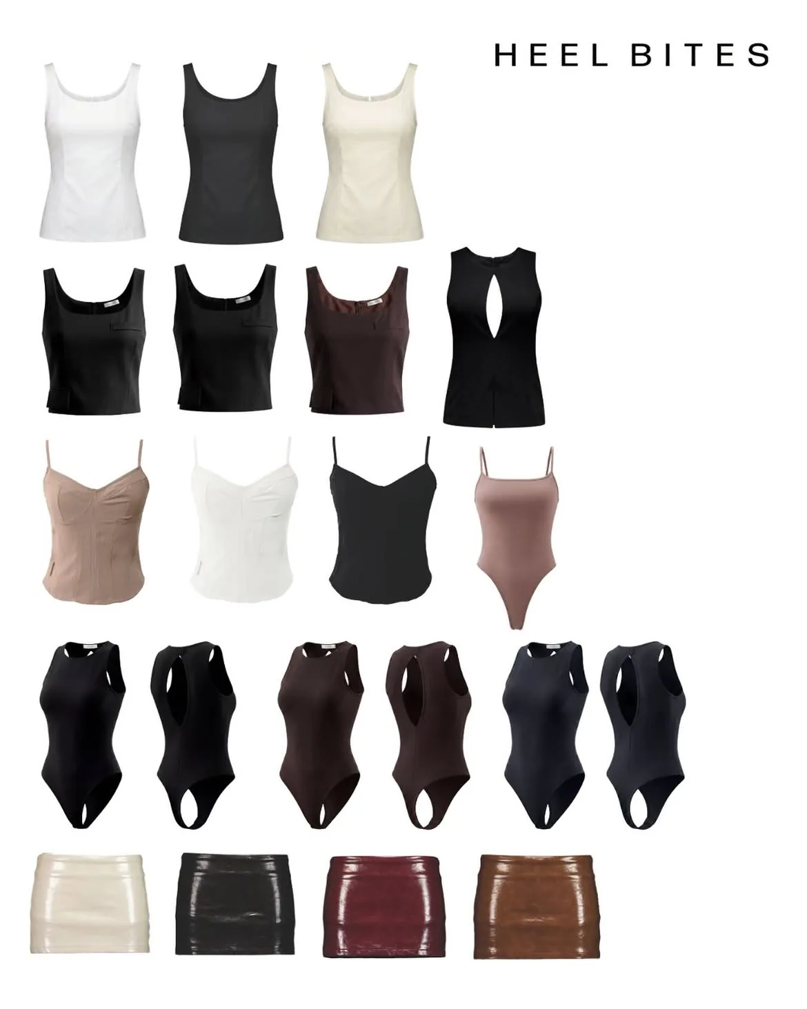 HEEL BITES 26SS lineup of tops, bodysuits and skirts