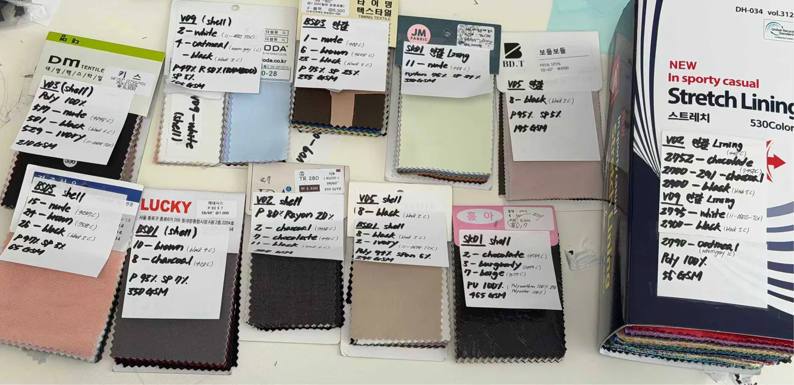 Fabric swatches with handwritten spec tags