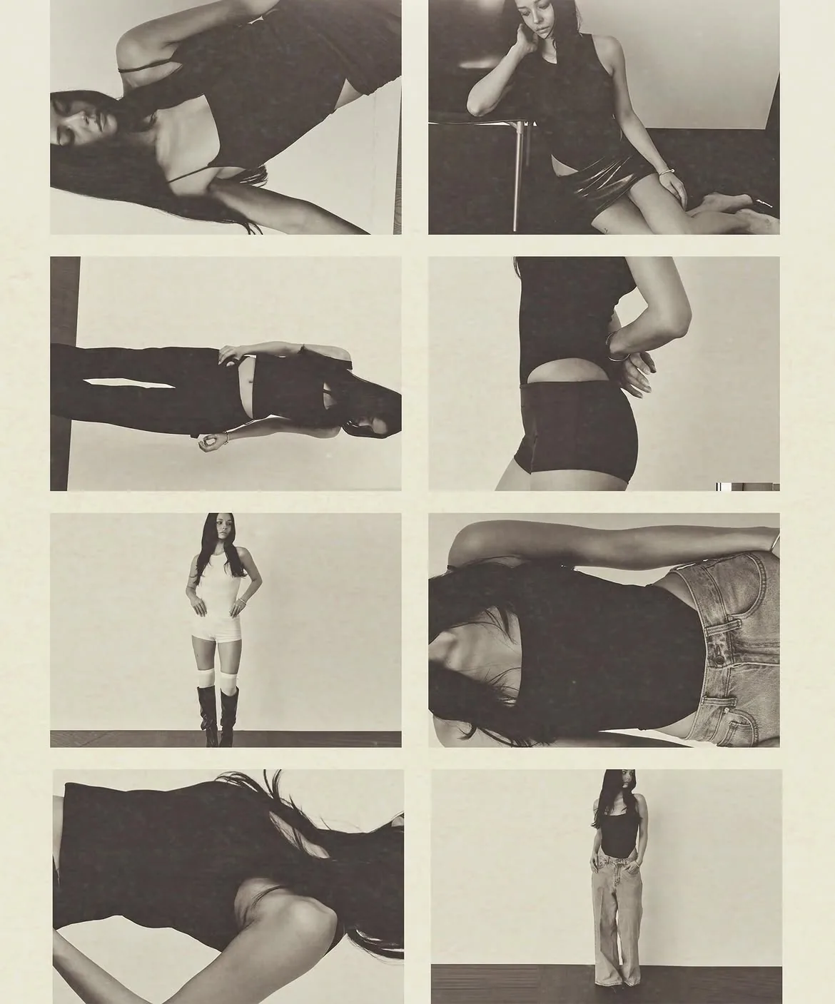 Contact sheet of black-and-white lookbook shots, 1