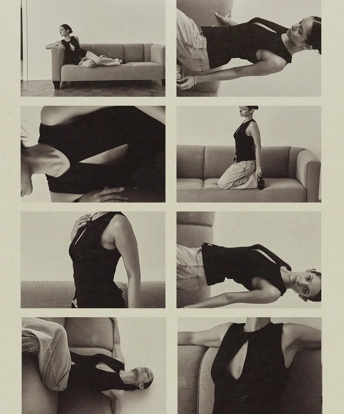 Contact sheet of black-and-white lookbook shots, 2